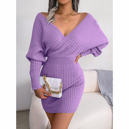 Women's Batwing Sleeve Sweater Dress - Sexy Off The Shoulder V-Neck Mini Dress, Solid Color