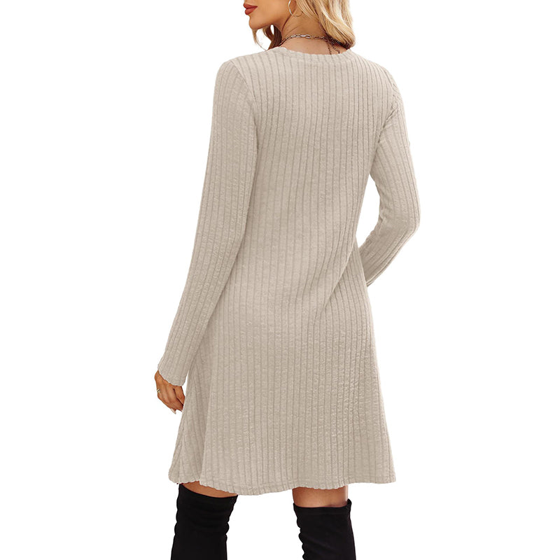 Women's Solid Color Long Sleeve Knit Dress Round Neck Pocket Shift Dress For Spring & Fall