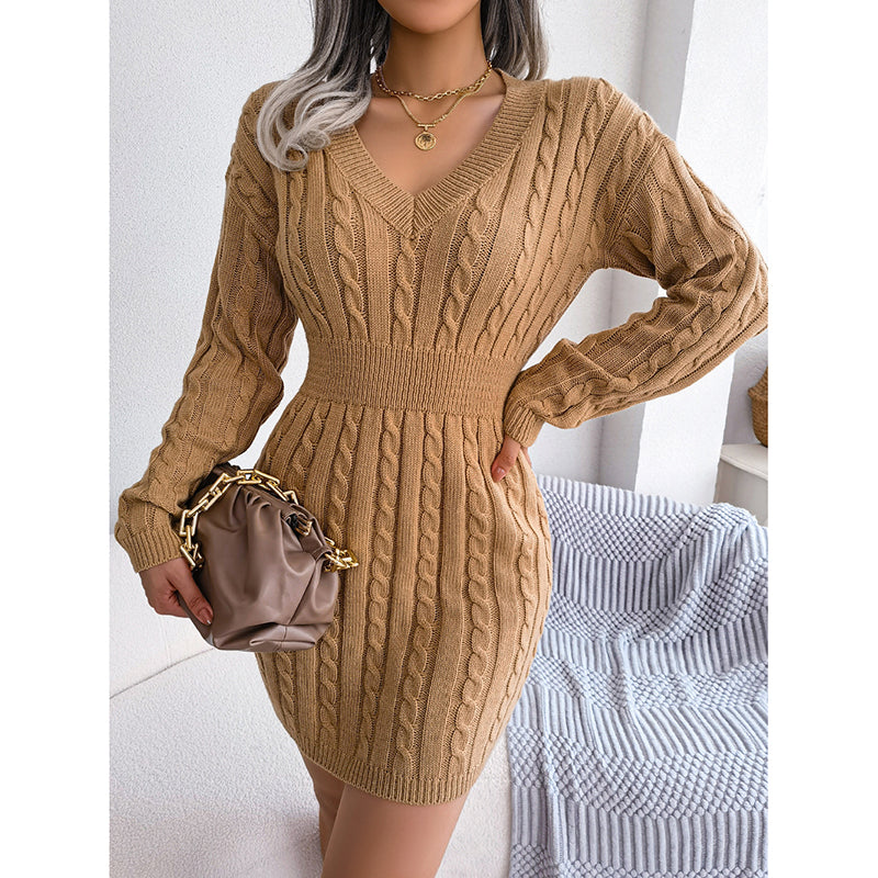Women's 2025 Fall Winter V-Neck Bodycon Mini Sweater Dress Long Sleeve Pullover Knit Dress Casual & Sexy Tight Fit
