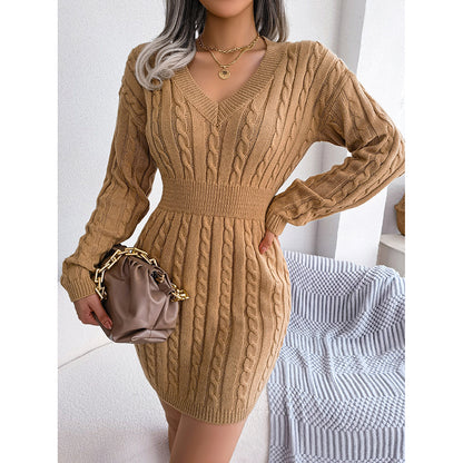 Women's 2025 Fall Winter V-Neck Bodycon Mini Sweater Dress Long Sleeve Pullover Knit Dress Casual & Sexy Tight Fit