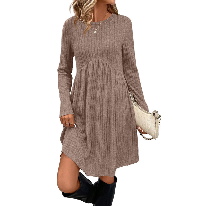 Women's Solid Color Long Sleeve Knit Dress Round Neck Pocket Shift Dress For Spring & Fall