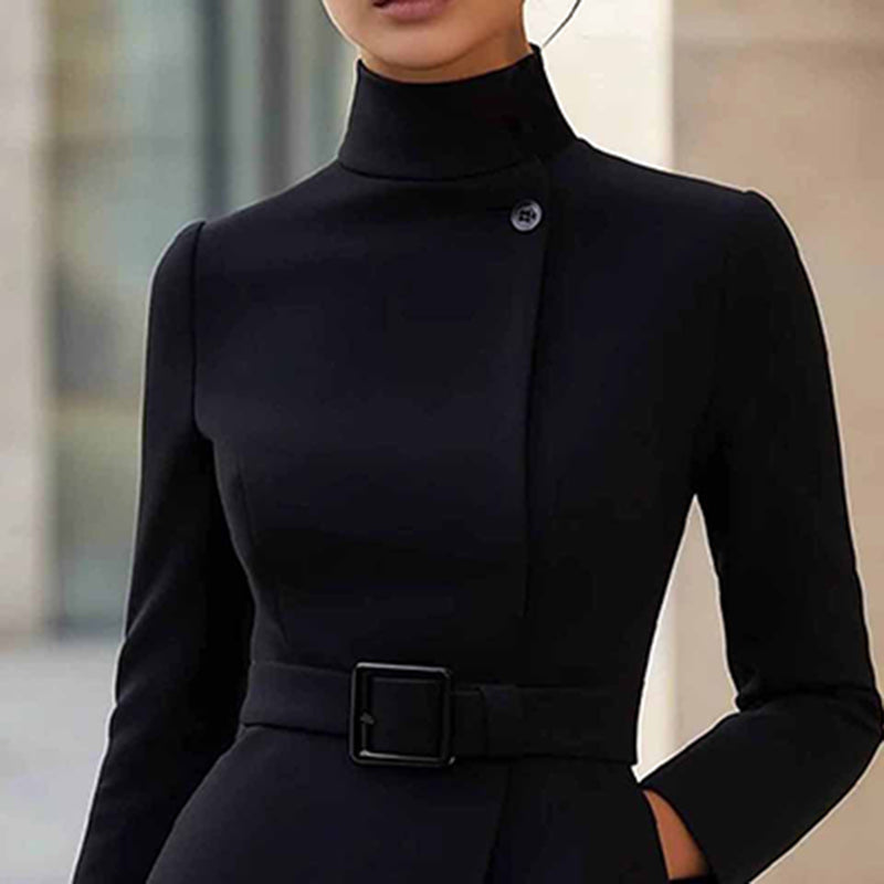 Women's Stand Collar Long Sleeve Dress, Elegant High Waist Belted Midi Dress, Slim Fit Office Formal Dress