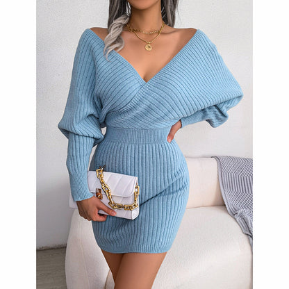 Women's Batwing Sleeve Sweater Dress - Sexy Off The Shoulder V-Neck Mini Dress, Solid Color
