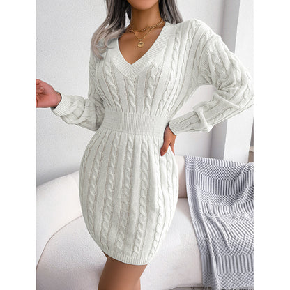 Women's 2025 Fall Winter V-Neck Bodycon Mini Sweater Dress Long Sleeve Pullover Knit Dress Casual & Sexy Tight Fit