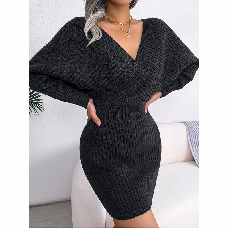 Women's Batwing Sleeve Sweater Dress - Sexy Off The Shoulder V-Neck Mini Dress, Solid Color