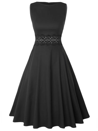 2025 Women's New Retro Style Pocket Pleated Floral Lace Horn A-line Skirt Casual Party Cocktail Dress Sleeveless