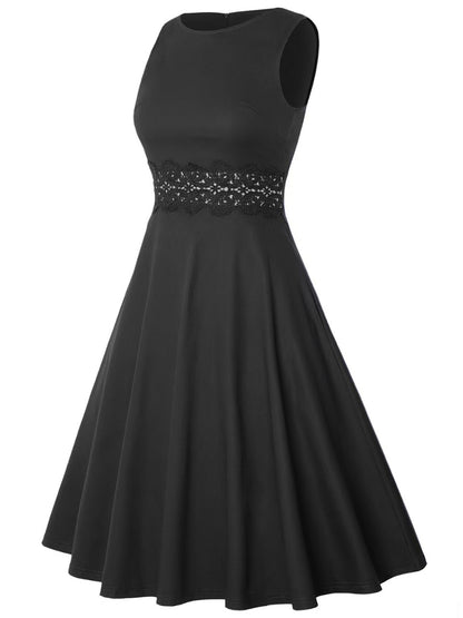 2025 Women's New Retro Style Pocket Pleated Floral Lace Horn A-line Skirt Casual Party Cocktail Dress Sleeveless