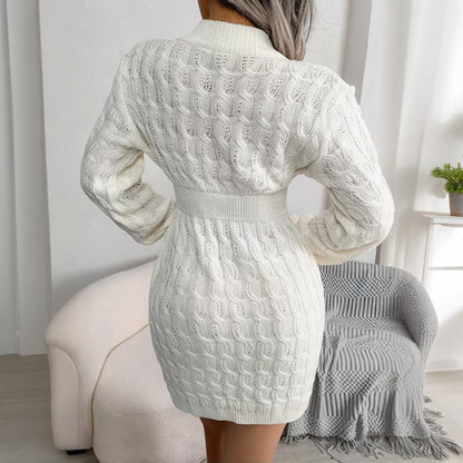 Women's Bodycon Pullover Mini Sweater Dress - Cozy Crew Neck Long Sleeve Dress For Fall Wintert
