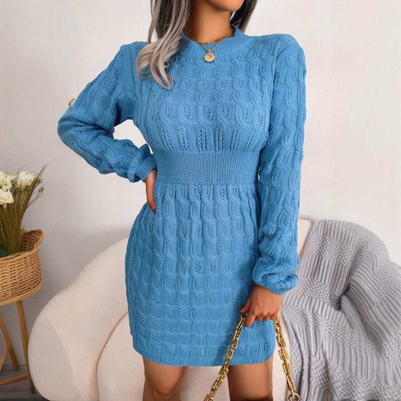 Women's Bodycon Pullover Mini Sweater Dress - Cozy Crew Neck Long Sleeve Dress For Fall Wintert