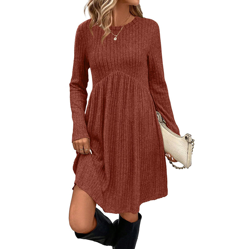 Women's Solid Color Long Sleeve Knit Dress Round Neck Pocket Shift Dress For Spring & Fall